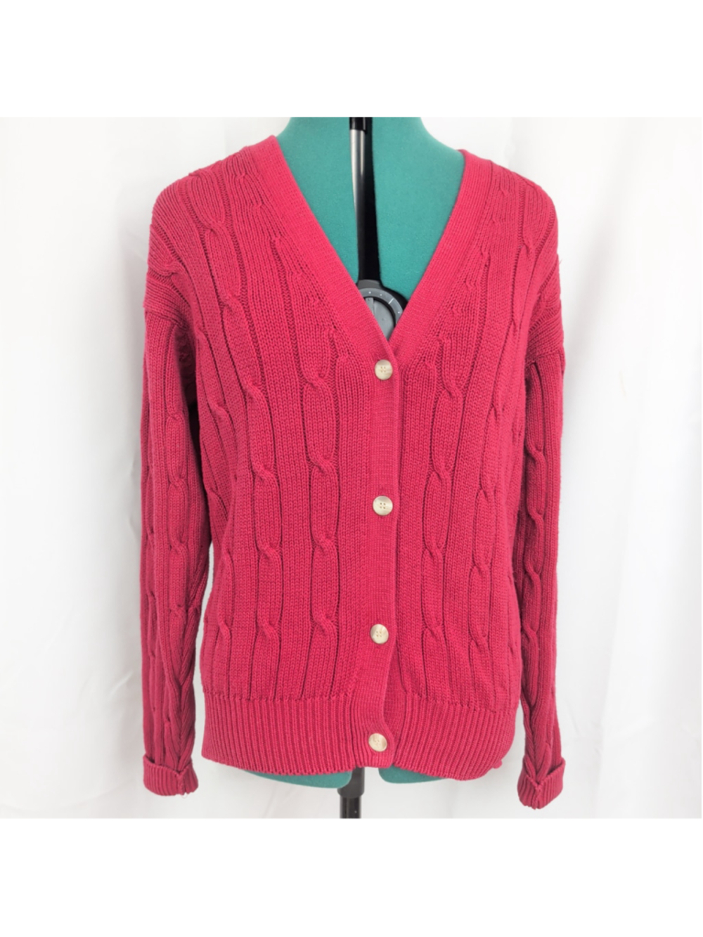 90's Red Cotton Knit Cardigan Ladies' Sweater Medium